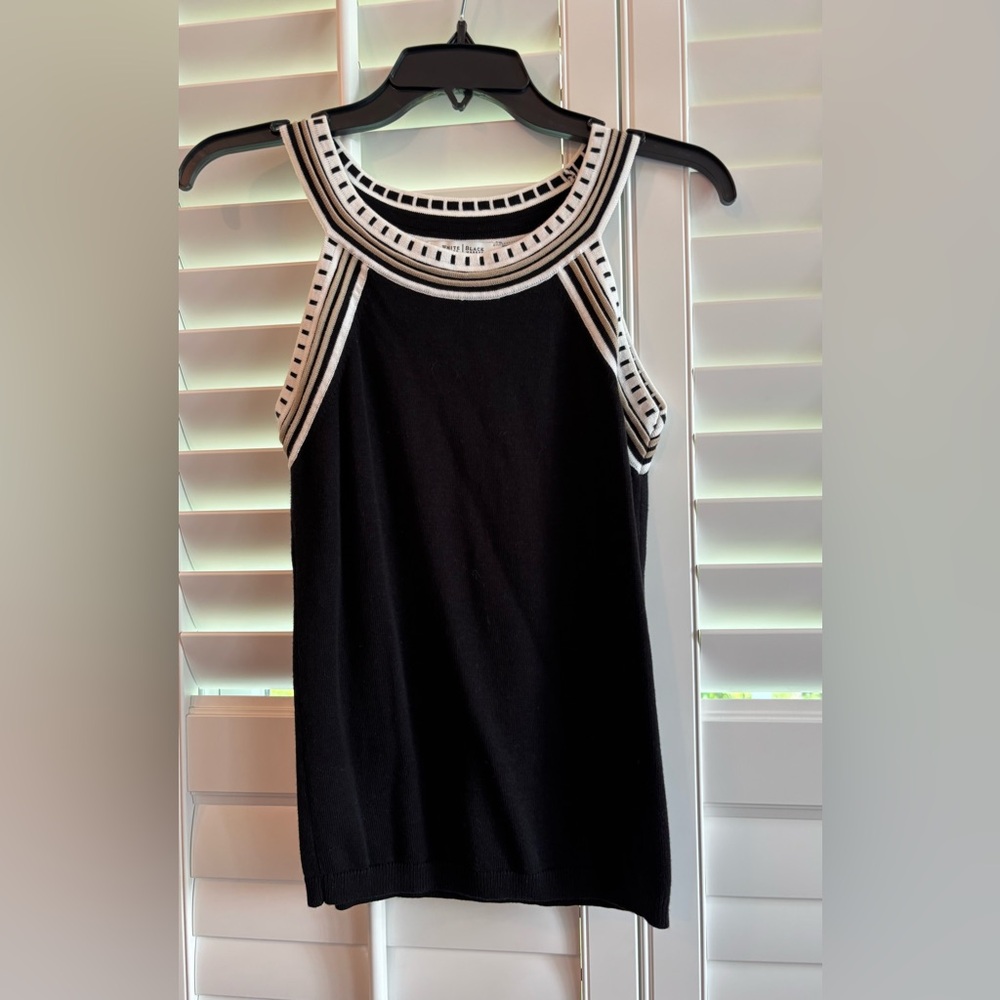 White House Black Market Asymmetrical Raglan Tank Top Black and White